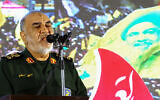 Islamic Revolutionary Guard chief Hossein Salami speaks during a memorial service for slain Hezbollah leader Hasssan Nasrallah and his successor Hashem Safieddine in Iran's capital Tehran on February 23, 2025. (Photo by ATTA KENARE / AFP)