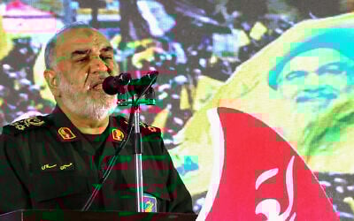 Islamic Revolutionary Guard chief Hossein Salami speaks during a memorial service for slain Hezbollah leader Hasssan Nasrallah and his successor Hashem Safieddine in Iran's capital Tehran on February 23, 2025. (Photo by ATTA KENARE / AFP)