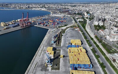 This aerial photo shows the port of the Syrian city of Latakia on March 10, 2025. (Photo by OMAR HAJ KADOUR / AFP)