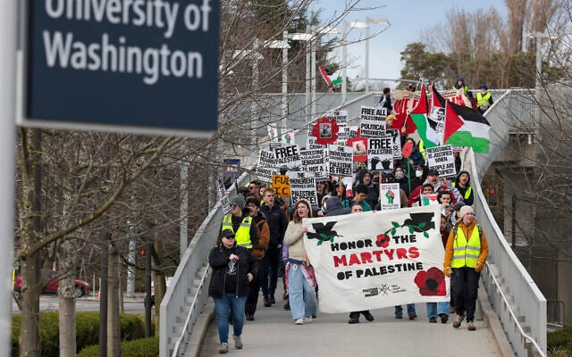 Illustrative: Anti-Israel demonstrators protest the arrest of Columbia University activist Mahmoud Khalil and show support for Palestinians during a "Fight for Our Rights" demonstration by Shut It Down for Palestine (SID4P) and various local groups at the University of Washington campus in Seattle, Washington, on March 15, 2025. (Jason Redmond/AFP)
