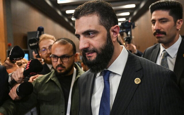 Syria's interim President Ahmed al-Sharaa (2nd R) leaves a bilateral room after his meeting with Qatar's Minister of Foreign Affairs during the Antalya Diplomacy Forum, in Antalya, on April 11, 2025. (Ozan KOSE / AFP)