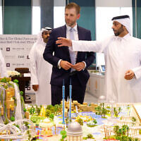 Eric Trump, executive vice president of the Trump Organization and the US president's son, looks over the proposed plan ahead of the signing ceremony with Qatar's Diar and Dar Global in Doha on April 30, 2025. (Karim Jaafar/AFP)