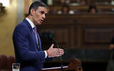 Spanish Prime Minister Pedro Sanchez delivers a speech at Las Cortes Congress of Deputies in Madrid on May 7, 2025. (Thomas Coex/AFP)