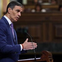Spanish Prime Minister Pedro Sanchez delivers a speech at Las Cortes Congress of Deputies in Madrid on May 7, 2025. (Thomas Coex/AFP)