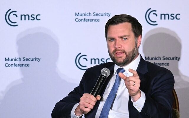 US Vice President JD Vance speaks during a discussion at the Munich Leaders meeting hosted by the Munich Security Conference at the Willard Hotel in Washington, DC, May 7, 2025. (Mandel Ngan/AFP) US Vice President JD Vance speaks during a discussion at the Munich Leaders meeting hosted by the Munich Security Conference at the Willard Hotel in Washington, DC, May 7, 2025. (Mandel Ngan/AFP)