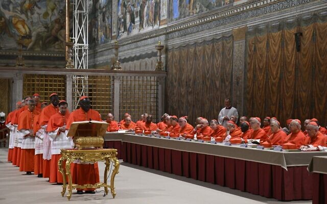 Cardinals before the start of the conclave to elect a new Pope in the Sistine chapel in The Vatican, May 7, 2025. (Photo by Handout / VATICAN MEDIA / AFP)