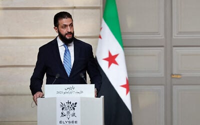 Syrian President Ahmed al-Sharaa speaks during a joint press conference at the Elysee Palace in Paris, on May 7, 2025. (Stephanie Lecocq / POOL / AFP)