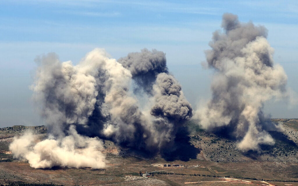 This pictures taken from the southern Lebanese area of Marjeyoun shows smoke billowing from the site of reported Israeli airstrikes on the hills of the southern Lebanese village of Nabatiyeh on May 8, 2025. (Rabih DAHER / AFP)
