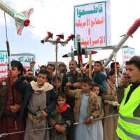 Yemenis raise mock missiles during a rally in the Houthi-controlled capital Sanaa on May 9, 2025. (Mohammed HUWAIS / AFP)