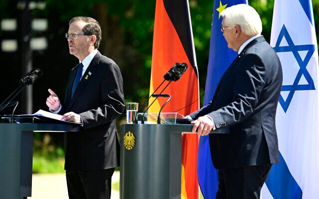 German President Frank-Walter Steinmeier, right, and his Israeli counterpart Isaac Herzog deliver a joint press conference after talks at the Presidential Bellevue Palace, on May 12, 2025 in Berlin. (John MACDOUGALL / AFP)
