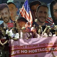 Relatives and supporters of the Gaza hostages call for the US to intervene for their release, at a protest in front of the US embassy branch office in Tel Aviv, on May 13, 2025,  (Jack Guez/AFP)