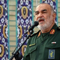 Head of Iran's Islamic Revolutionary Guards Corps (IRGC) Hossein Salami speaks during a ceremony marking the first anniversary of the death of the late Iranian president Ebrahim Raisi in Tehran on May 15, 2025. (AFP)