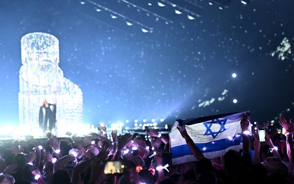 Israeli singer Yuval Raphael performs the song "New Day Will Rise" during the second semi-final of the Eurovision Song Contest 2025, at the St. Jakobshalle arena in Basel on May 15, 2025. (Fabrice COFFRINI / AFP)