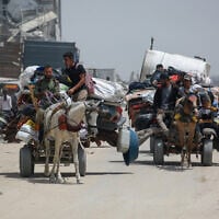 Palestinians move with their belongings as they flee the northern cities of Jabalia and Beit Lahia Gaza Strip towards Gaza City amid continuous Israeli strikes in the besieged Palestinian territory on May 17, 2025. (Bashar TALEB / AFP)