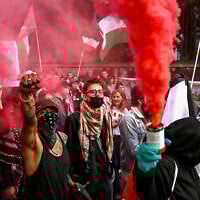 Anti-Israel demonstrators stage a protest outside the 2025 Eurovision Song Contest's grand final in Basel on May 17, 2025. (Sebastien Bozon/AFP)
