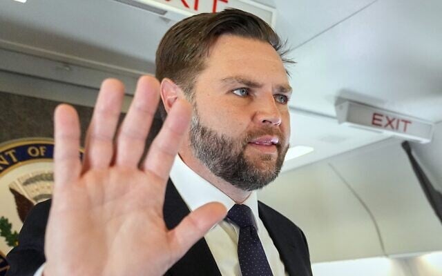 Vice President JD Vance talks to reporters on board of the Air Force Two at Leonardo da Vinci International Airport, in Rome, on May 19, 2025, after attending the inauguration of Pope Leo XIV at the Vatican. (Jacquelyn Martin / POOL / AFP)