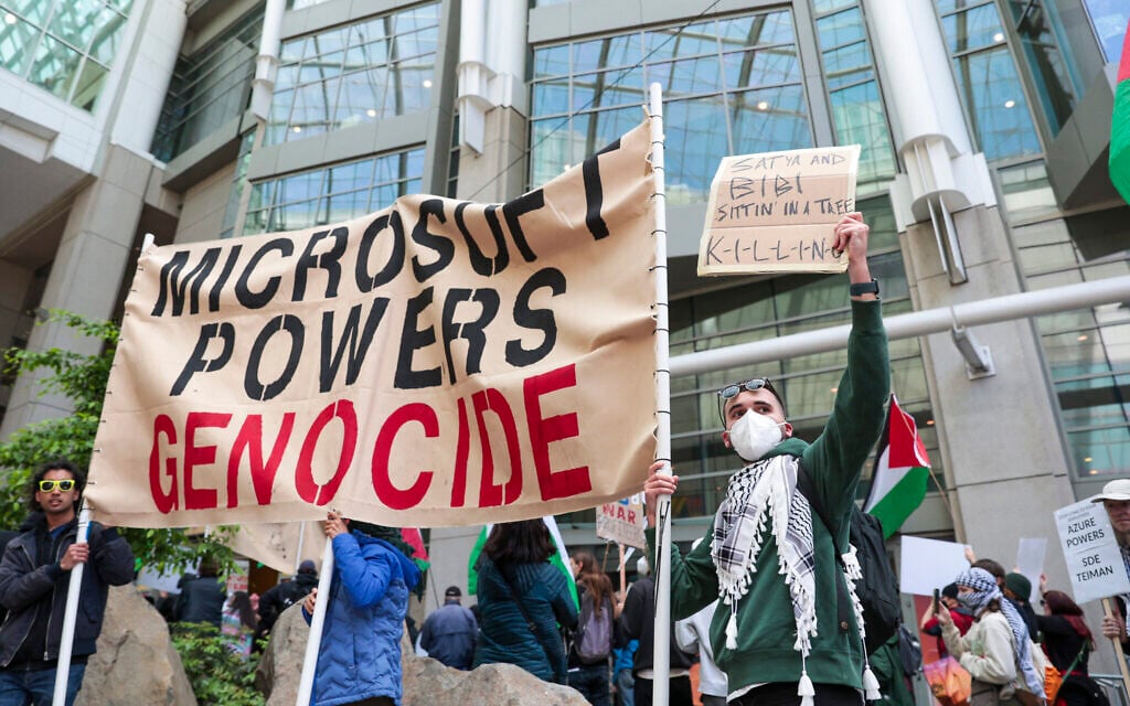 Pro-Palestinian, anti-Israel demonstrators protest outside the Microsoft Build conference at the Seattle Convention Center in Seattle, Washington on May 19, 2025. (Photo by Jason Redmond / AFP)