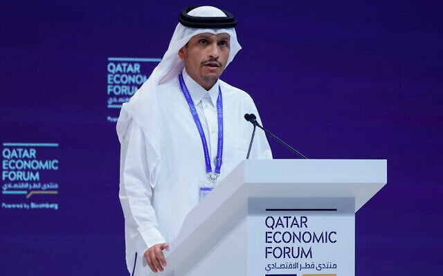 Qatari Prime Minister Mohammed bin Abdulrahman Al-Thani speaks at the Qatar Economic Forum in Doha on May 20, 2025. (Photo by Karim JAAFAR / AFP)