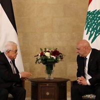 Lebanese President Joseph Aoun (R) meets with Palestinian Authority President Mahmud Abbas, at the Presidential Palace in Baabda, on May 21, 2025/ (ANWAR AMRO / AFP)