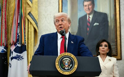 US President Donald Trump speaks during a swearing in ceremony for interim US Attorney for the District of Columbia Jeanine Pirro (R) in the Oval Office of the White House in Washington, DC, on May 28, 2025. (Jim Watson/AFP)