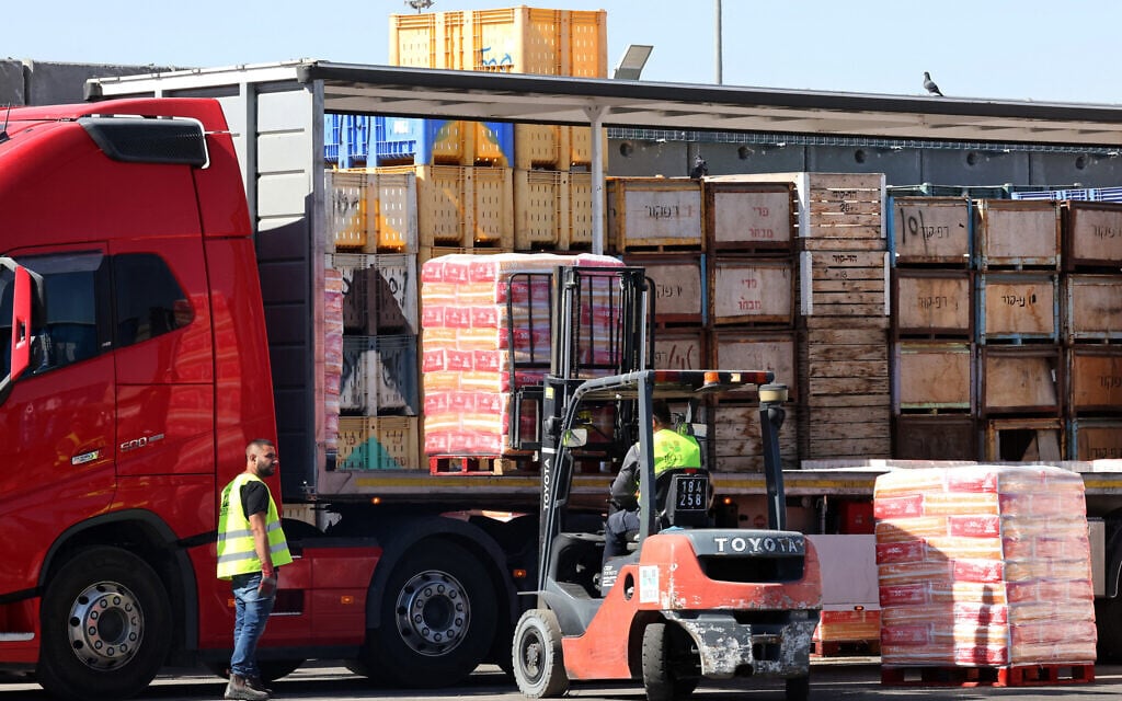 Humanitarian aid is loaded on a truck at the Kerem Shalom crossing between southern Israel and the Gaza Strip, on May 29, 2025. (Jack GUEZ / AFP)