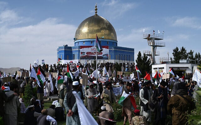 Afghan men holding Taliban flags and Palestinian national flags take part in an anti-Israel protest, after the Friday prayers in front of a mosque resembling the :Dome of the Rock," at Wazir Akbar Khan hilltop, in Kabul on May 30, 2025. (Wakil Kohsar/AFP) Afghan men holding Taliban flags and Palestinian national flags take part in an anti-Israel protest, after the Friday prayers in front of a mosque resembling the :Dome of the Rock," at Wazir Akbar Khan hilltop, in Kabul on May 30, 2025. (Wakil Kohsar/AFP)