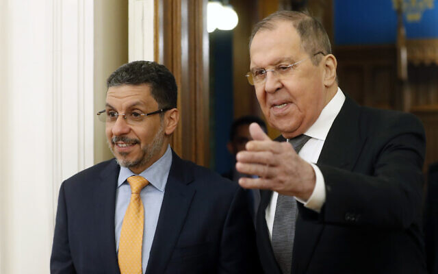 Russian Foreign Minister Sergey Lavrov, right, and Yemeni Prime Minister Ahmed Awad bin Mubarak enter a hall during their meeting in Moscow, Russia, February 27, 2024. (Maxim Shipenkov/Pool Photo via AP) Russian Foreign Minister Sergey Lavrov, right, and Yemeni Prime Minister Ahmed Awad bin Mubarak enter a hall during their meeting in Moscow, Russia, February 27, 2024. (Maxim Shipenkov/Pool Photo via AP)