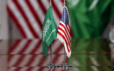 American and Saudi Arabia flags are seen during a meeting of US Secretary of Defense Pete Hegseth and Saudi Defense Minister Prince Khalid bin Salman, at the Pentagon in Washington, February 24, 2025. (Jacquelyn Martin/AP)