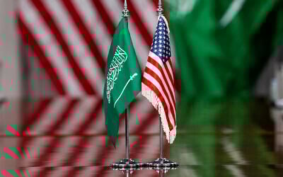 American and Saudi Arabia flags are seen during a meeting of US Secretary of Defense Pete Hegseth and Saudi Defense Minister Prince Khalid bin Salman, at the Pentagon in Washington, February 24, 2025. (Jacquelyn Martin/AP)
