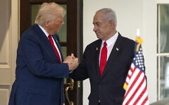 US President Donald Trump, left, shakes hands with Prime Minister Benjamin Netanyahu as he leaves the West Wing of the White House, April 7, 2025, in Washington. (AP Photo/Mark Schiefelbein)