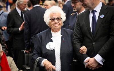 Holocaust survivor Ester Senot, 97, attends a commemorative ceremony to mark the 80th anniversary of the return of death camp deportees, in Paris, France, April 27, 2025. (AP Photo/Thomas Padilla)