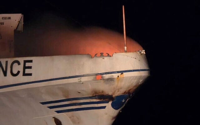 In this photo provided by the Government of Cyprus, a fire burns on the ship The Conscience, after a drone struck the vessel carrying aid to Gaza off the coast of Malta, May 2, 2025. (Government of Cyprus via AP)