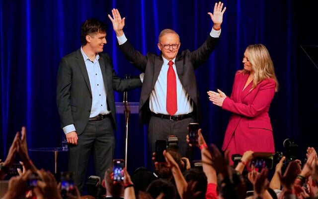 Australian Prime Minister Anthony Albanese (center), his partner Jodie Haydon and son Nathan react as they meet the party faithful after Albanese wins a second term following the general election in Sydney, May 3, 2025. (AP Photo/Rick Rycroft) Australian Prime Minister Anthony Albanese (center), his partner Jodie Haydon and son Nathan react as they meet the party faithful after Albanese wins a second term following the general election in Sydney, May 3, 2025. (AP Photo/Rick Rycroft)