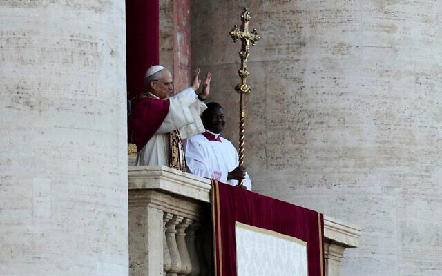Pope Leo XIV appears on the balcony of St Peter's Basilica after his election, at the Vatican, May 8, 2025. (AP/Gregorio Borgia) Pope Leo XIV appears on the balcony of St Peter's Basilica after his election, at the Vatican, May 8, 2025. (AP/Gregorio Borgia)