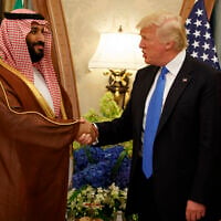 US President Donald Trump, right, shakes hands with Saudi Deputy Crown Prince and Defense Minister Mohammed bin Salman during a bilateral meeting, in Riyadh, May 20, 2017. (Evan Vucci/AP)