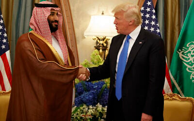 US President Donald Trump, right, shakes hands with Saudi Deputy Crown Prince and Defense Minister Mohammed bin Salman during a bilateral meeting, in Riyadh, May 20, 2017. (Evan Vucci/AP) US President Donald Trump, right, shakes hands with Saudi Deputy Crown Prince and Defense Minister Mohammed bin Salman during a bilateral meeting, in Riyadh, May 20, 2017. (Evan Vucci/AP)