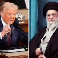 A composite image shows US President Donald Trump, left, addressing a joint session of Congress at the Capitol in Washington, March 4, 2025, and a handout of Supreme Leader Ayatollah Ali Khamenei attending a ceremony in Tehran, Iran, March 8, 2025. (AP Photo/Ben Curtis - Office of the Iranian Supreme Leader via AP)