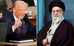A composite image shows US President Donald Trump, left, addressing a joint session of Congress at the Capitol in Washington, March 4, 2025, and a handout of Supreme Leader Ayatollah Ali Khamenei attending a ceremony in Tehran, Iran, March 8, 2025. (AP Photo/Ben Curtis - Office of the Iranian Supreme Leader via AP)