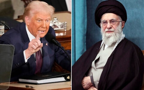 A composite image shows US President Donald Trump, left, addressing a joint session of Congress at the Capitol in Washington, March 4, 2025, and a handout of Supreme Leader Ayatollah Ali Khamenei attending a ceremony in Tehran, Iran, March 8, 2025. (AP Photo/Ben Curtis - Office of the Iranian Supreme Leader via AP)