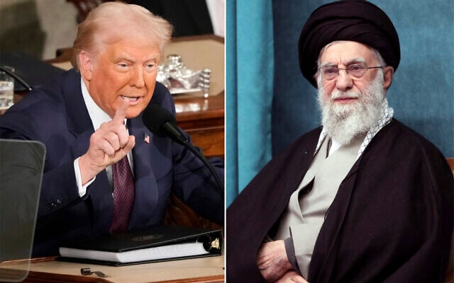 A composite image shows US President Donald Trump, left, addressing a joint session of Congress at the Capitol in Washington, March 4, 2025, and a handout of Supreme Leader Ayatollah Ali Khamenei attending a ceremony in Tehran, Iran, March 8, 2025. (AP Photo/Ben Curtis - Office of the Iranian Supreme Leader via AP)