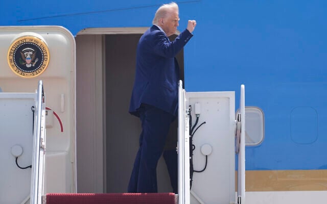 US President Donald Trump boards Air Force One at Joint Base Andrews, Md., on his way to Riyadh, Saudi Arabia, Monday, May 12, 2025. (AP Photo/Manuel Balce Ceneta)