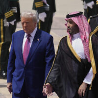 US President Donald Trump speaks with Saudi Crown Prince Mohammed bin Salman during an arrival ceremony at the Royal Terminal of King Khalid International Airport in Riyadh, Saudi Arabia, Tuesday, May 13, 2025. (AP/Alex Brandon)
