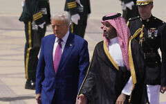 US President Donald Trump speaks with Saudi Crown Prince Mohammed bin Salman during an arrival ceremony at the Royal Terminal of King Khalid International Airport in Riyadh, Saudi Arabia, May 13, 2025. (AP/Alex Brandon)