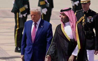 US President Donald Trump speaks with Saudi Crown Prince Mohammed bin Salman during an arrival ceremony at the Royal Terminal of King Khalid International Airport in Riyadh, Saudi Arabia, May 13, 2025. (AP/Alex Brandon)