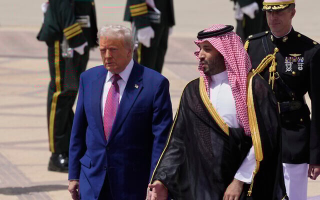 US President Donald Trump speaks with Saudi Crown Prince Mohammed bin Salman during an arrival ceremony at the Royal Terminal of King Khalid International Airport in Riyadh, Saudi Arabia, May 13, 2025. (AP/Alex Brandon)
