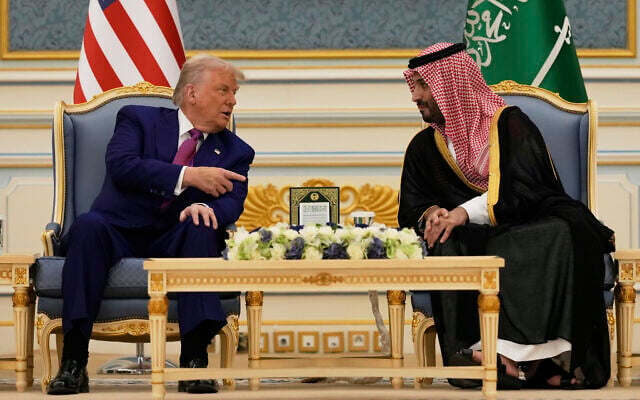 President Donald Trump and Saudi Crown Prince Mohammed bin Salman speak during a meeting at the Royal Palace in Riyadh, Saudi Arabia, May 13, 2025. (AP/Alex Brandon)