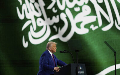 US President Donald Trump speaks at the Saudi-US Investment Forum at the King Abdulaziz International Conference Center in Riyadh, Saudi Arabia, Tuesday, May 13, 2025. (AP/Alex Brandon)