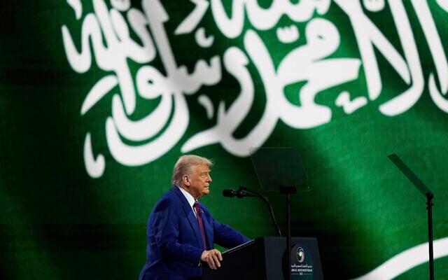 US President Donald Trump speaks at the Saudi-US Investment Forum at the King Abdulaziz International Conference Center in Riyadh, Saudi Arabia, Tuesday, May 13, 2025. (AP/Alex Brandon)