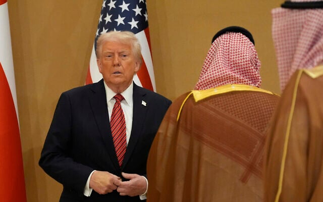 US President Donald Trump arrives for the group photo with Gulf Cooperation Council leaders during the GCC Summit in Riyadh, Saudi Arabia, May 14, 2025. (AP Photo/Alex Brandon) US President Donald Trump arrives for the group photo with Gulf Cooperation Council leaders during the GCC Summit in Riyadh, Saudi Arabia, May 14, 2025. (AP Photo/Alex Brandon)