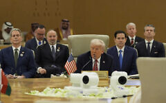 US President Donald Trump speaks during the Gulf Cooperation Council (GCC) Summit in Riyadh, Saudi Arabia, May 14, 2025. (Alex Brandon/AP)